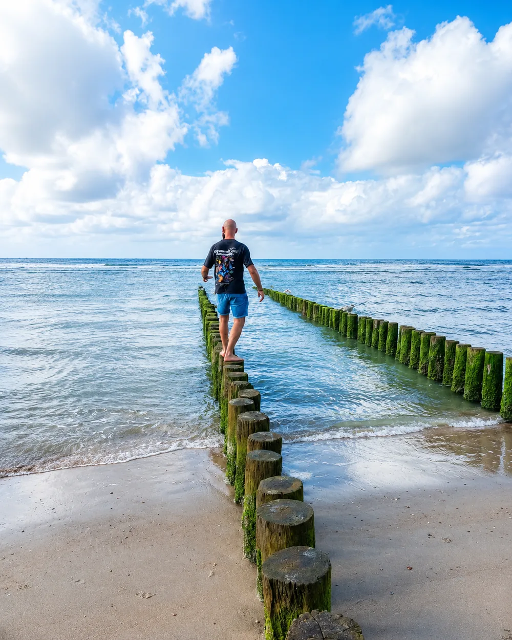 Maarten van Hassel wandelend over palen op het strand